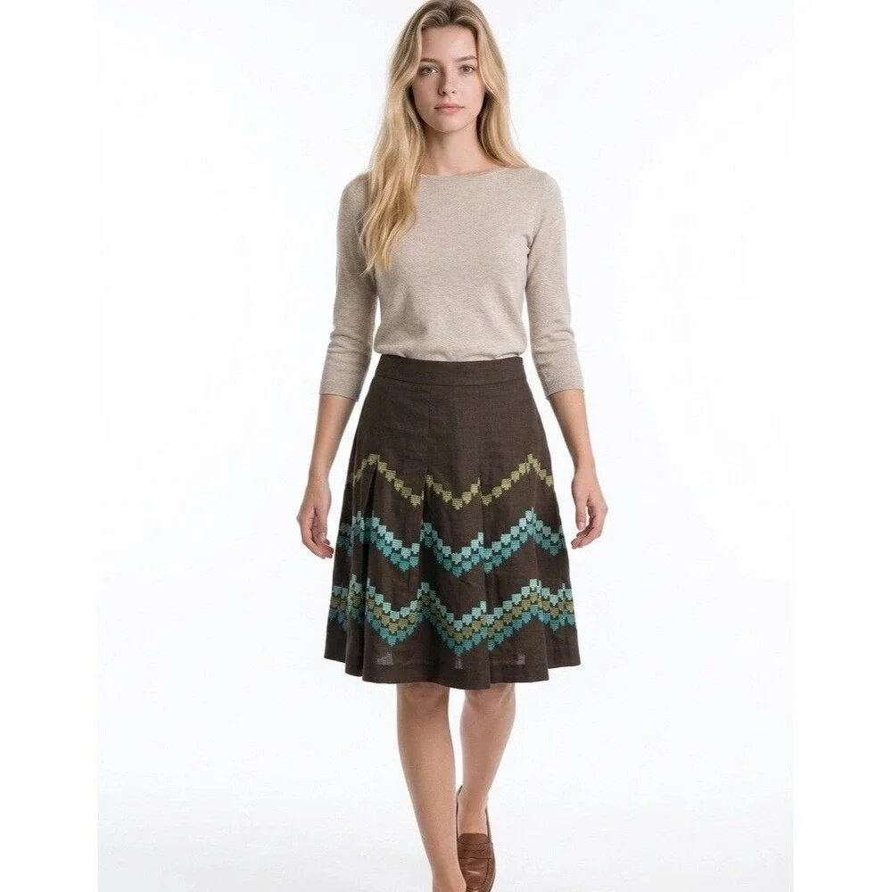 Ann Taylor LOFT Women Brown Linen Pleat Skirt Embroidered Pattern Size 2P Linen